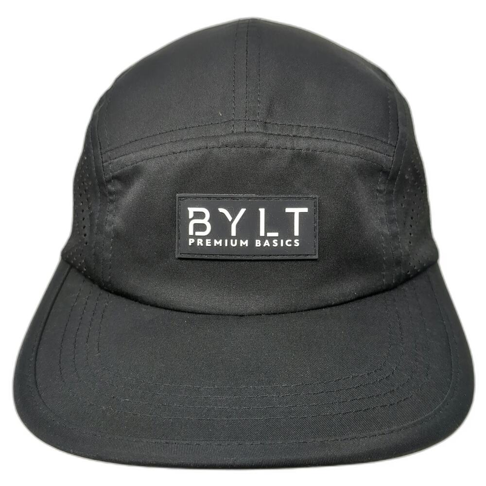 BYLT 5 Panel Black One Size Hat Perforated Camo Underbrim Slideback Logo Patch